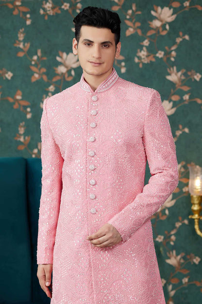 Park Pink Colour Art Silk Thread Work Sherwani