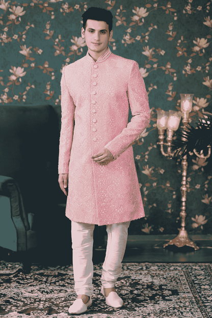 Park Pink Colour Art Silk Thread Work Sherwani
