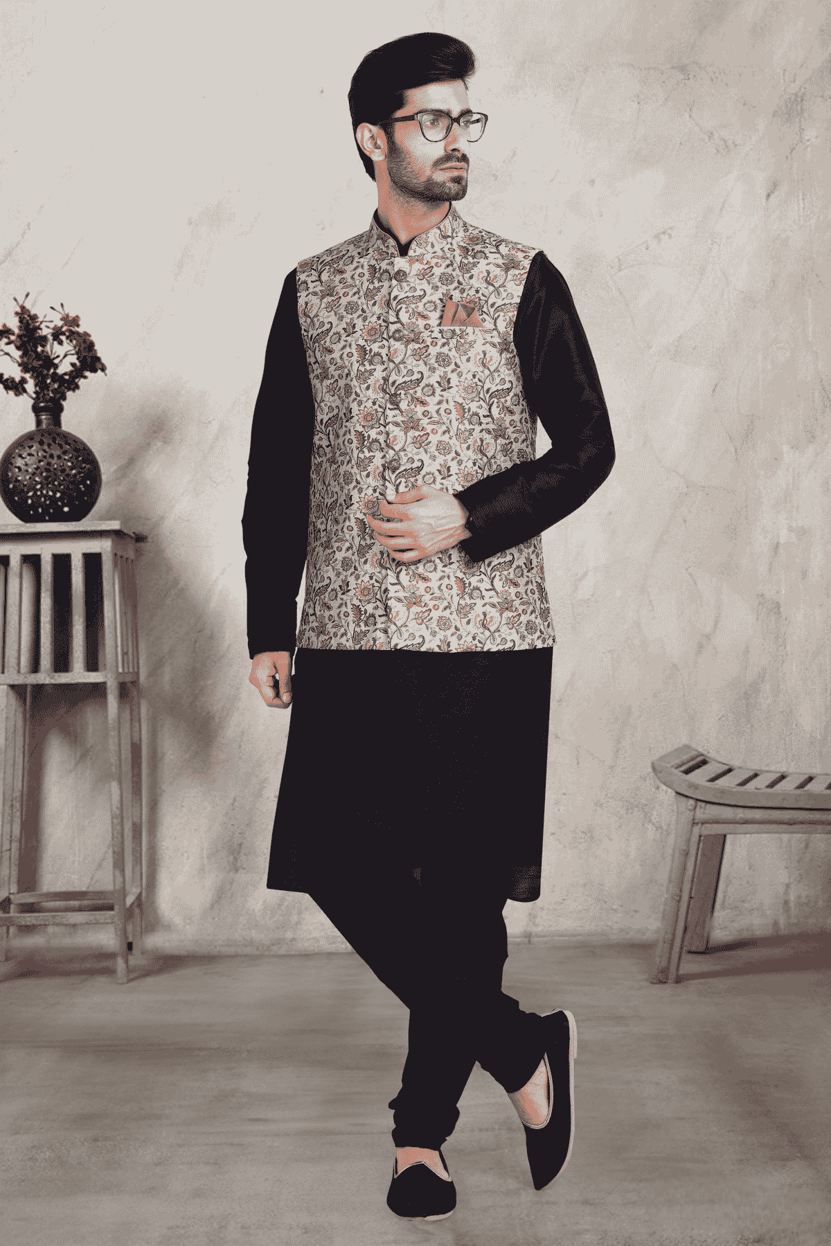 Pastel Blue Colour Banarasi Silk Digital Printed Kurta Pajama With Jacket