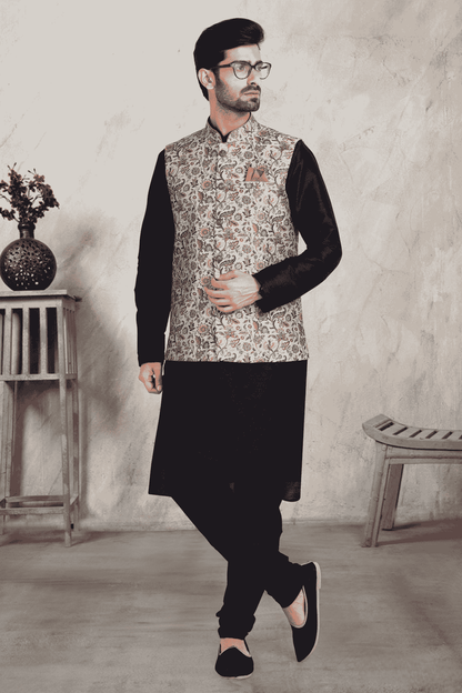 Pastel Blue Colour Banarasi Silk Digital Printed Kurta Pajama With Jacket