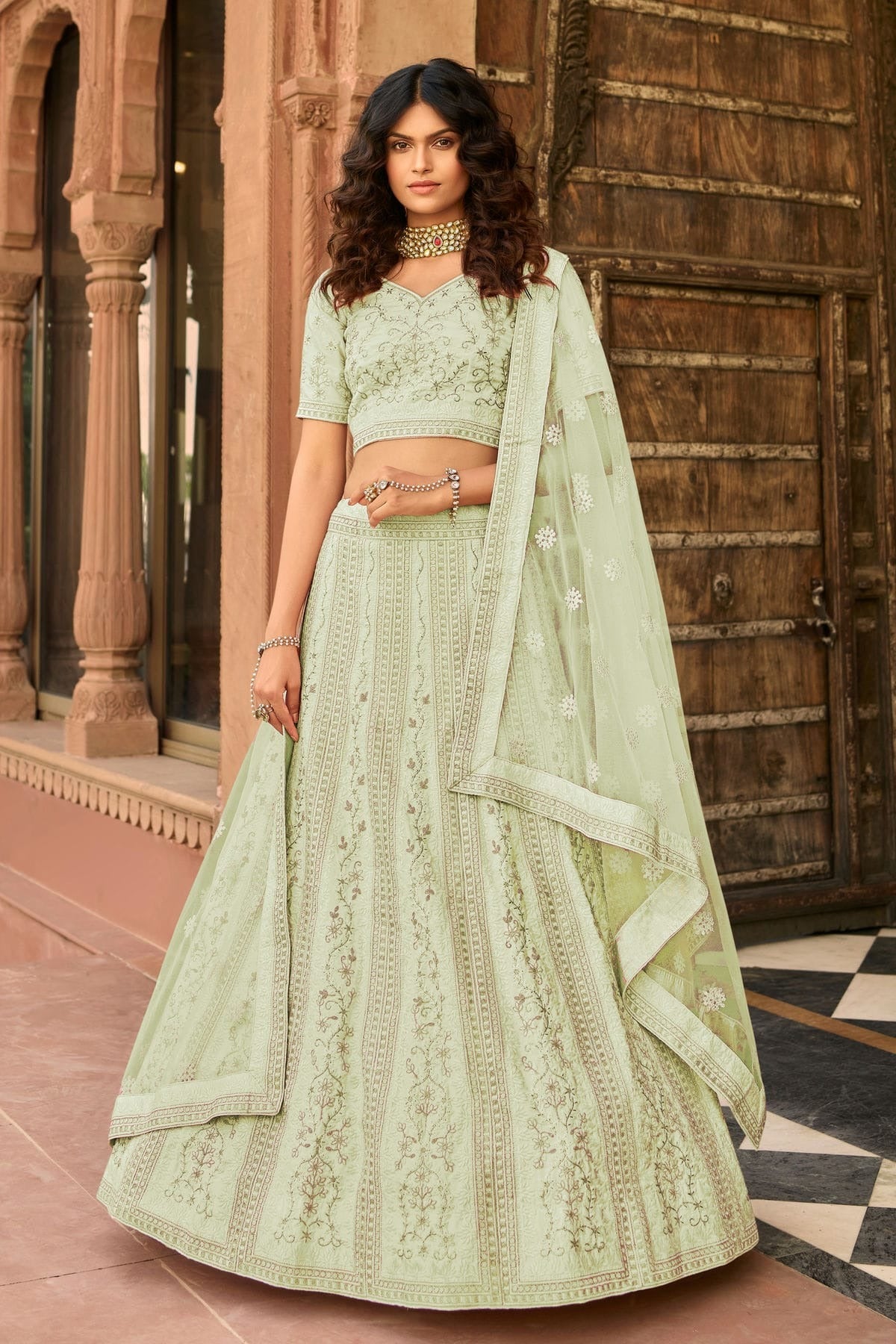 Pastel Green Colour Embroidery Organza Lehenga Choli LD1080812 A