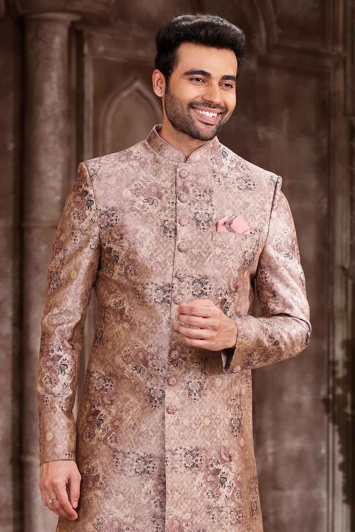 Peach Colour Art Silk Digital Printed Work indo western Sherwani