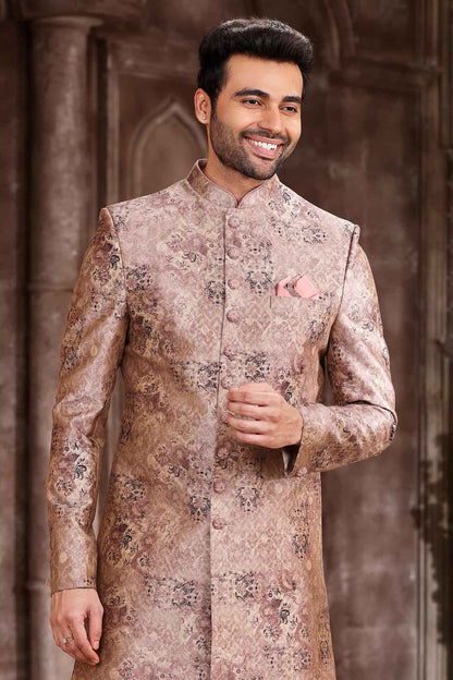 Peach Colour Art Silk Digital Printed Work indo western Sherwani