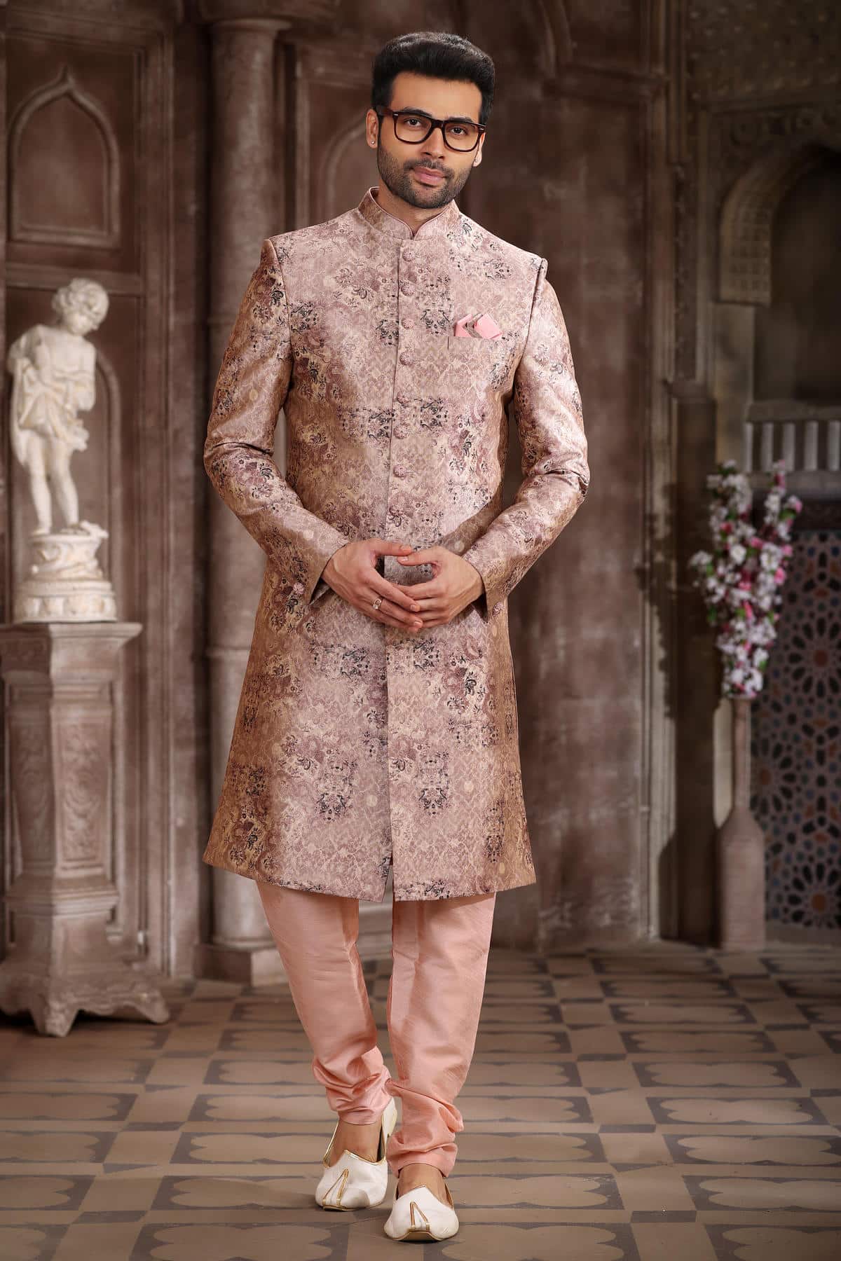 Peach Colour Art Silk Digital Printed Work indo western Sherwani