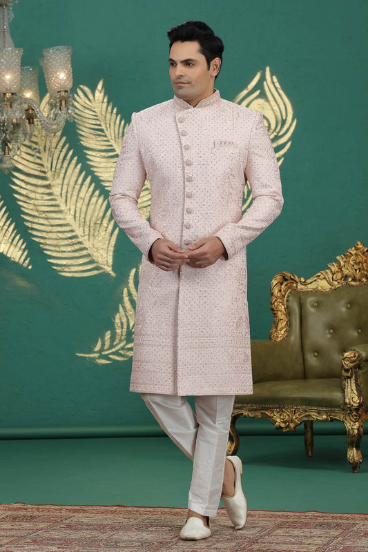 Peach Colour Art Silk Embroidery Sherwani