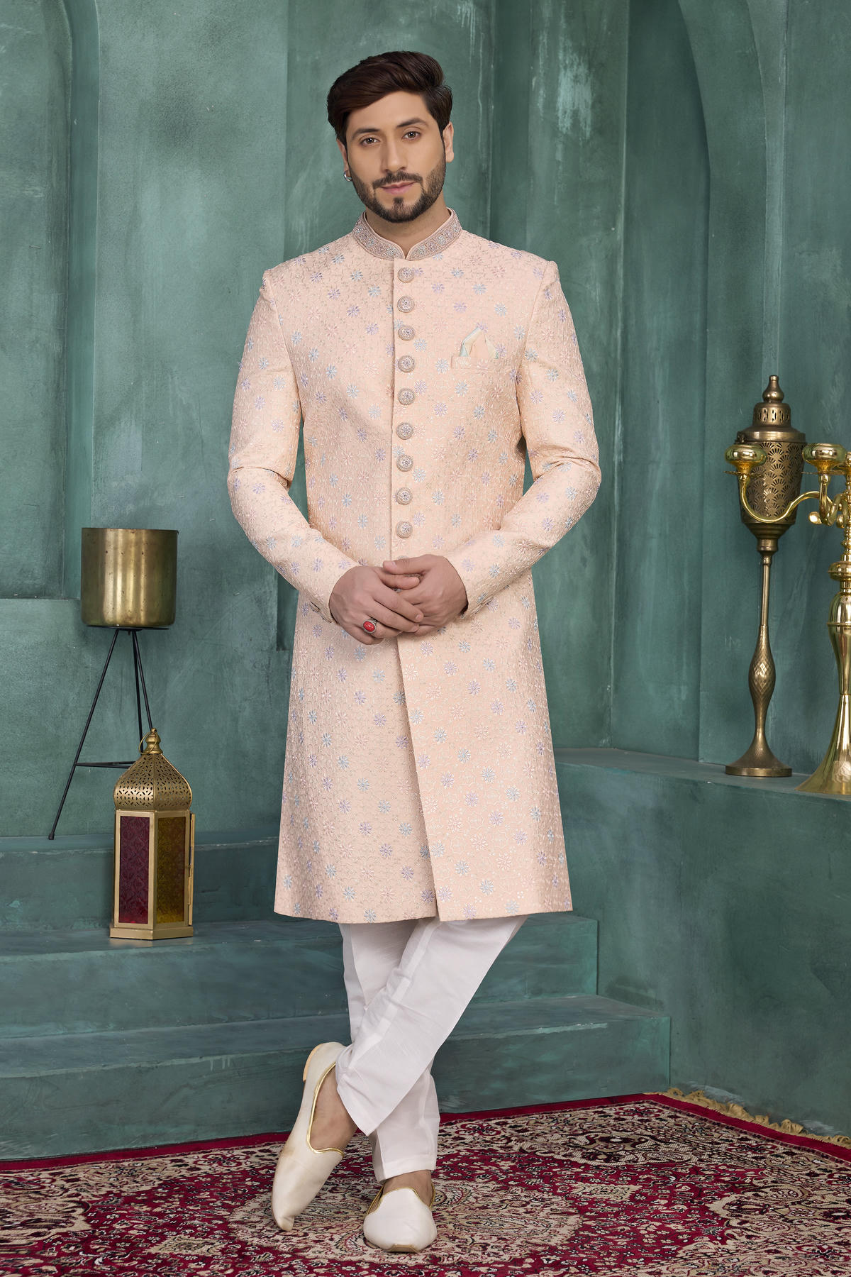 Peach Colour Art Silk Embroidery Work Sherwani