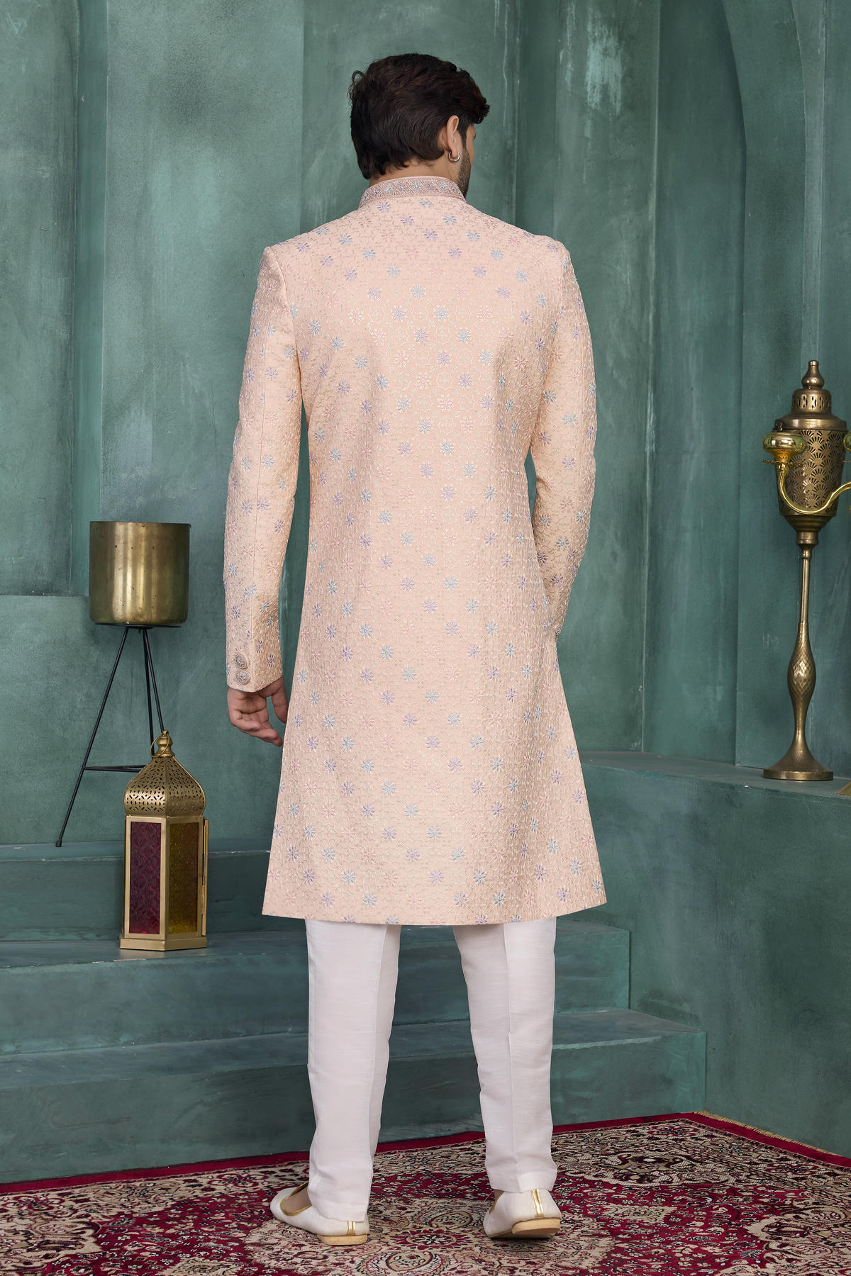Peach Colour Art Silk Embroidery Work Sherwani