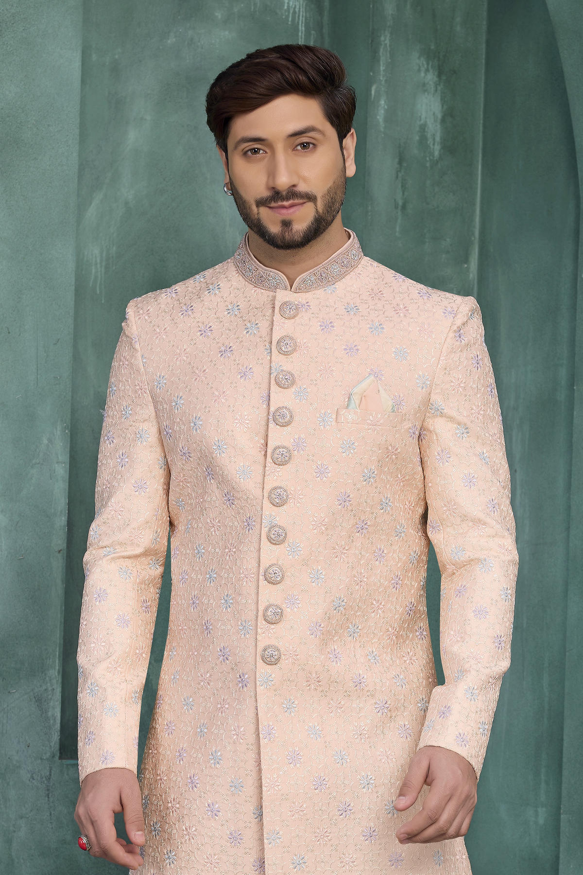 Peach Colour Art Silk Embroidery Work Sherwani