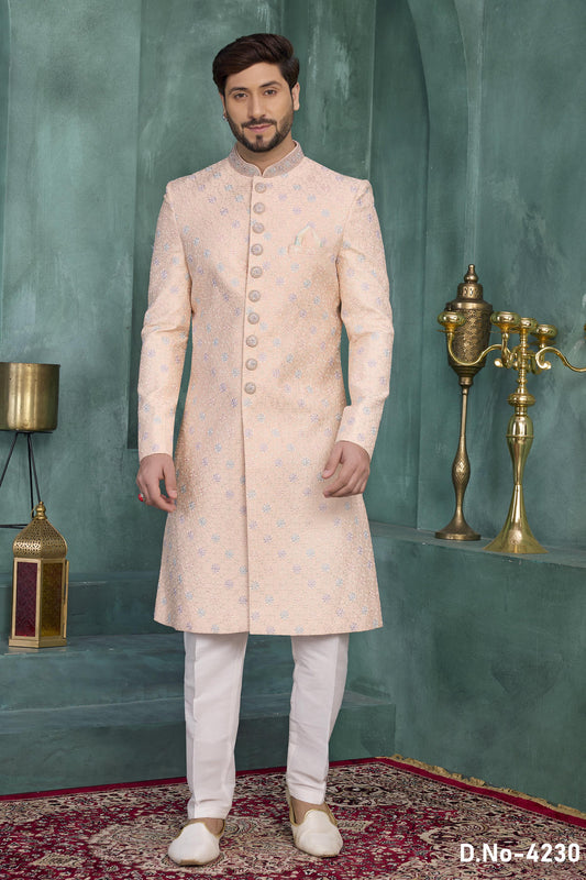 Peach Colour Art Silk Embroidery Work Sherwani