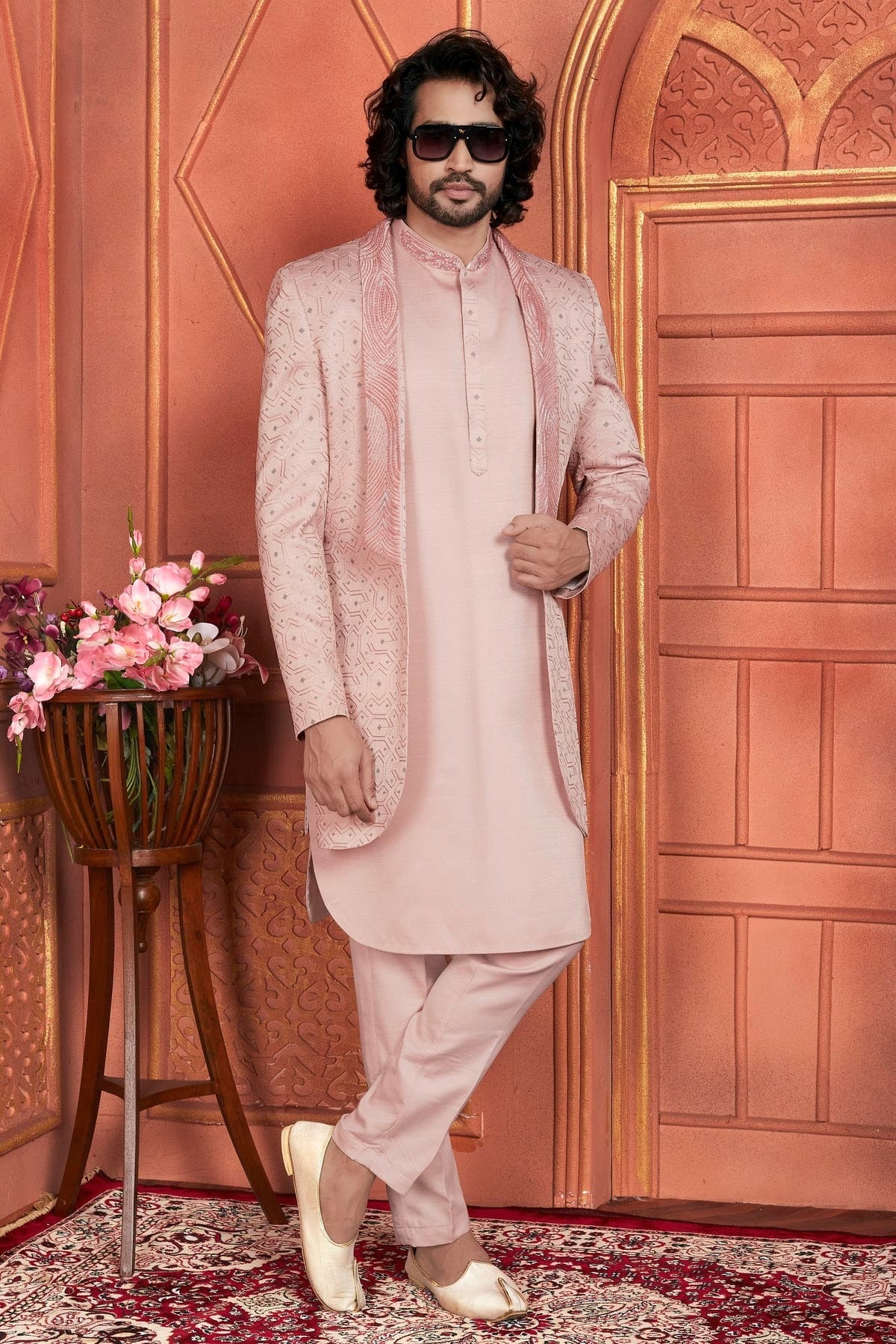 Peach Colour Art Silk Indowestern Sherwani With Aligadhi Pant SH1230001 A
