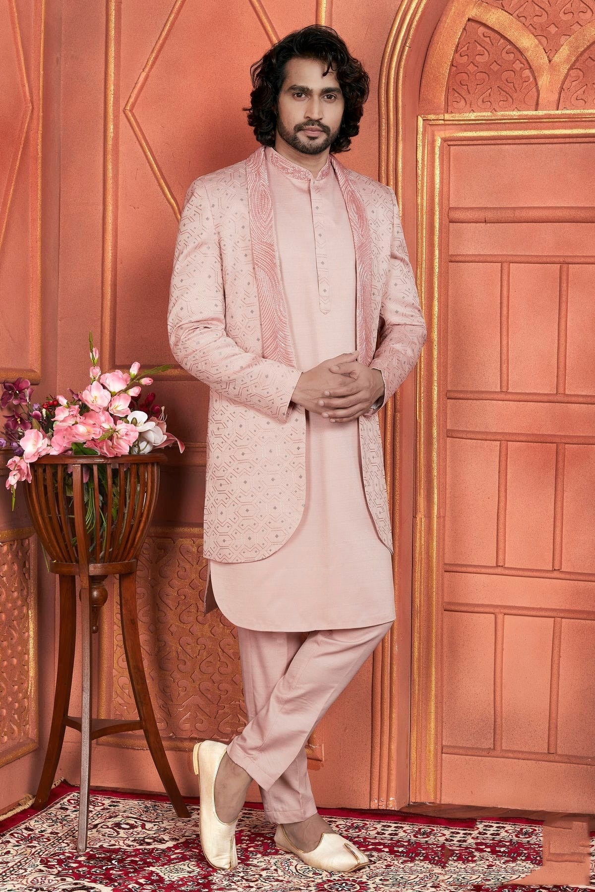 Peach Colour Art Silk Indowestern Sherwani With Aligadhi Pant SH1230001