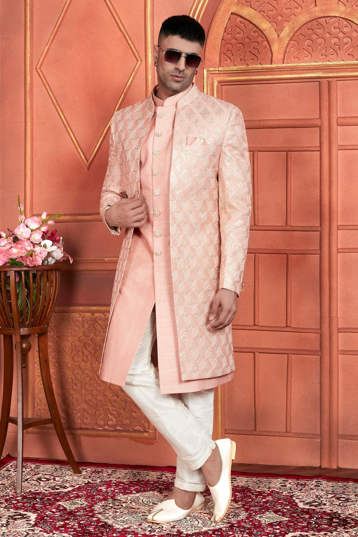 Peach Colour Art Silk Indowestern Sherwani With Aligadhi Pant SH1230008 A