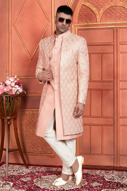 Peach Colour Art Silk Indowestern Sherwani With Aligadhi Pant SH1230008 A