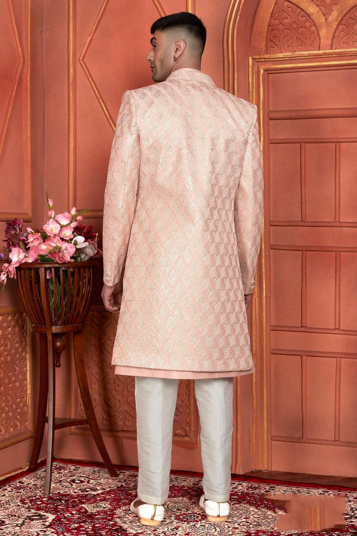 Peach Colour Art Silk Indowestern Sherwani With Aligadhi Pant SH1230008 B