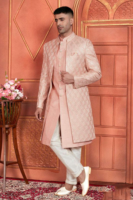 Peach Colour Art Silk Indowestern Sherwani With Aligadhi Pant SH1230008