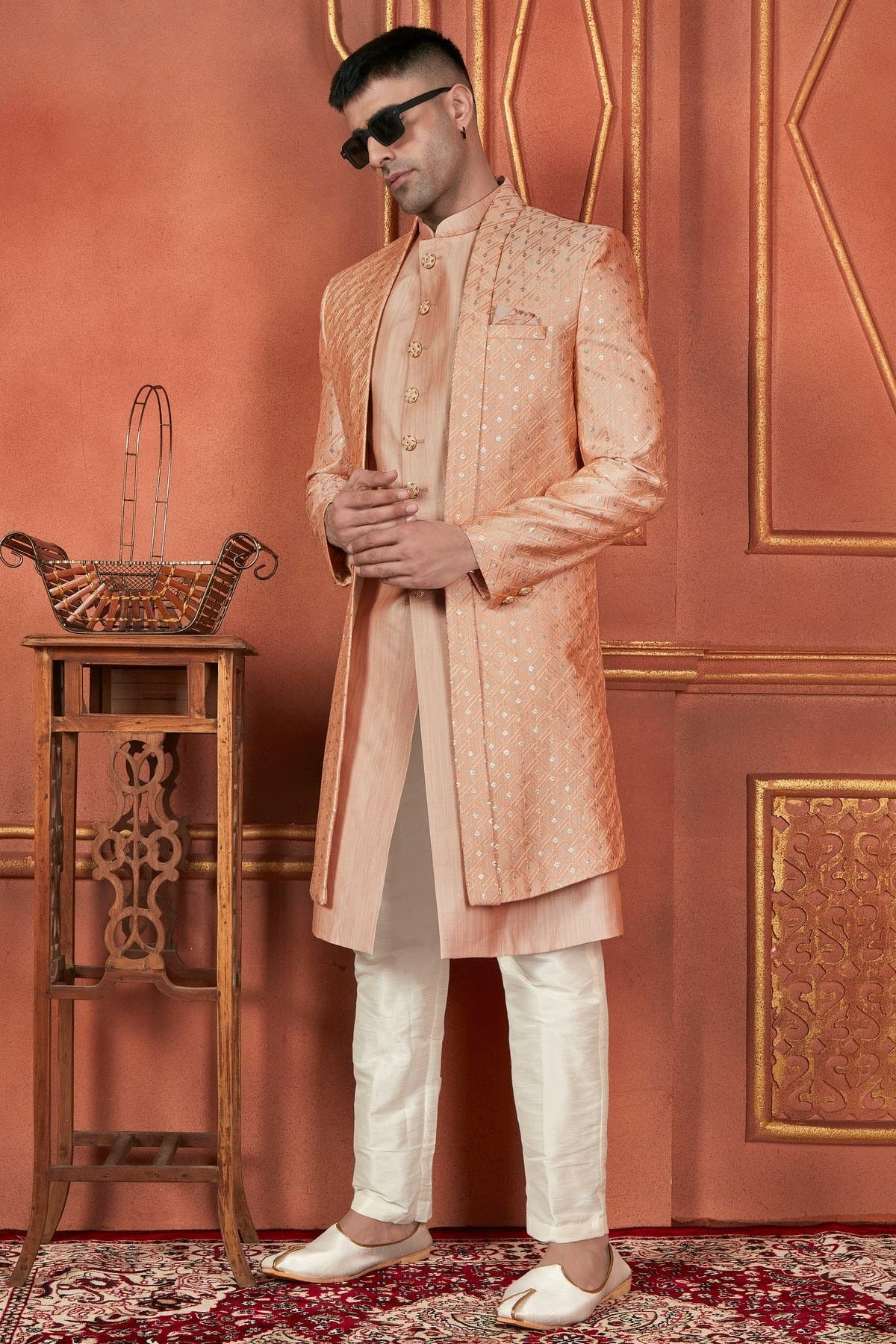 Peach Colour Art Silk Indowestern Sherwani With Aligadhi Pant SH1230088 A