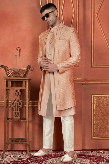 Peach Colour Art Silk Indowestern Sherwani With Aligadhi Pant SH1230088 A