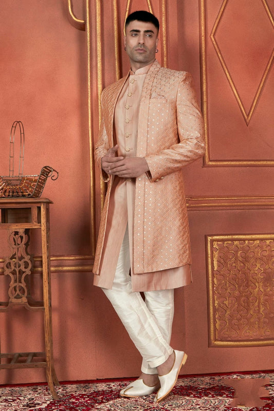 Peach Colour Art Silk Indowestern Sherwani With Aligadhi Pant SH1230088