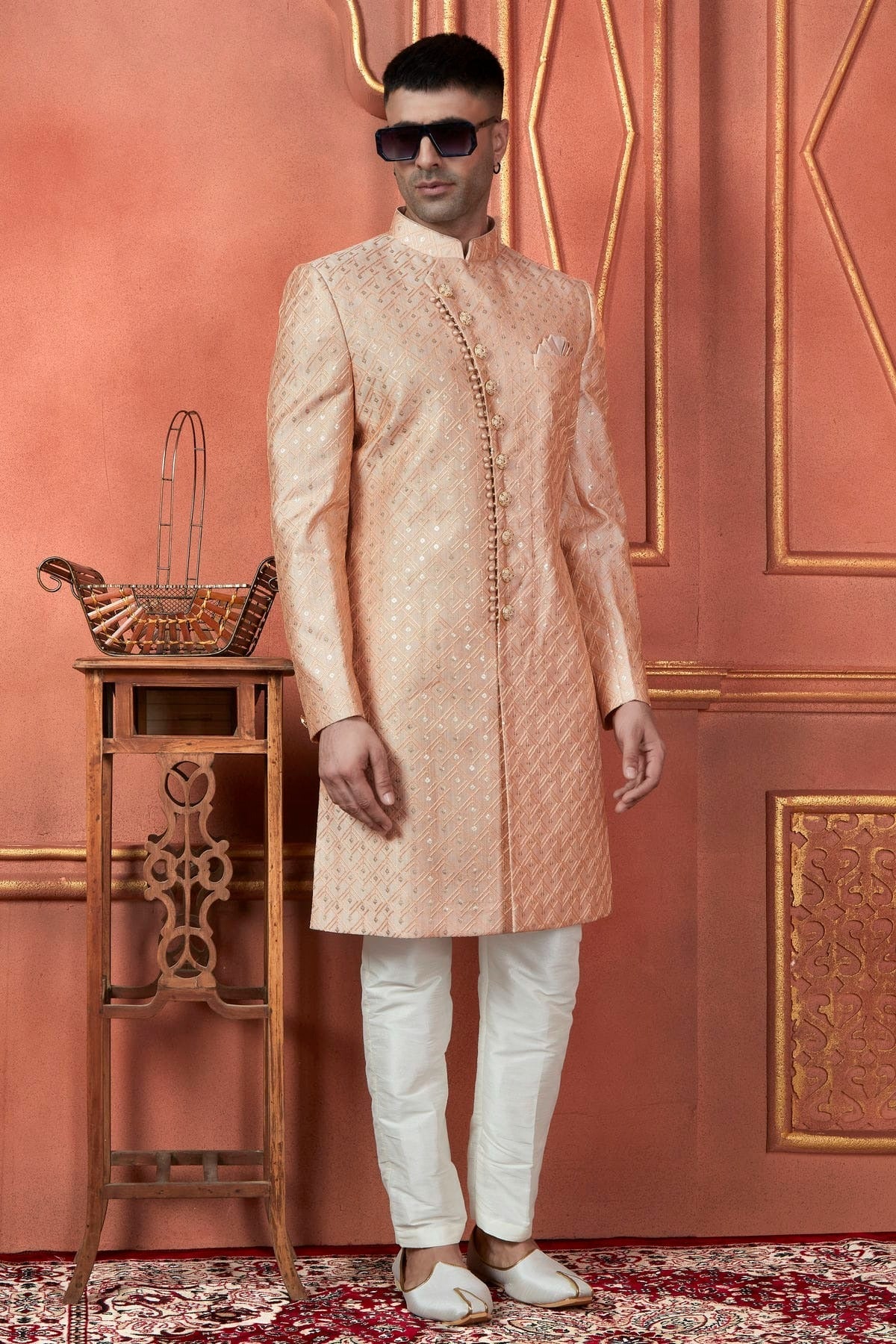 Peach Colour Art Silk Indowestern Sherwani With Aligadhi Pant SH1230101 A