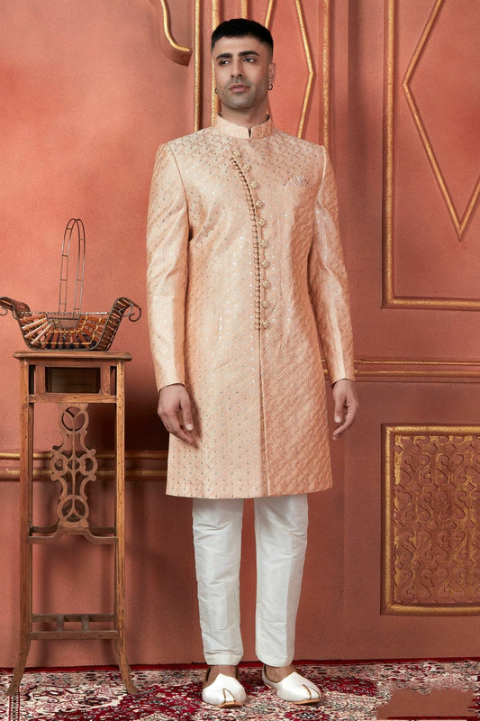 Peach Colour Art Silk Indowestern Sherwani With Aligadhi Pant SH1230101