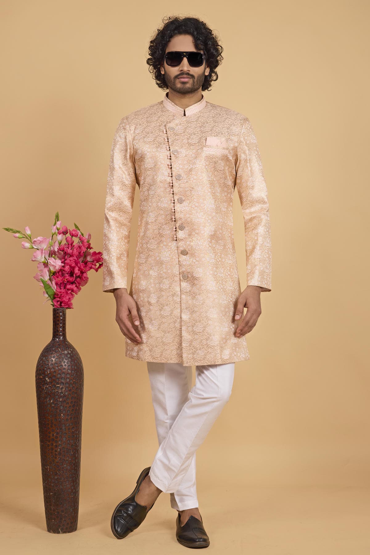 Peach Colour Art Silk Pintux Work Semi Indo Western Sherwani