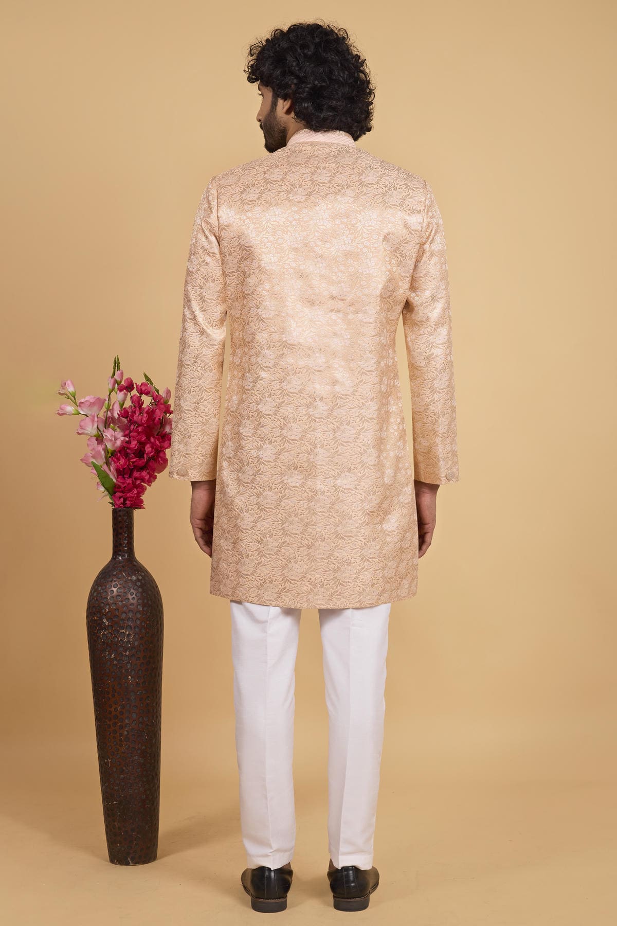 Peach Colour Art Silk Pintux Work Semi Indo Western Sherwani