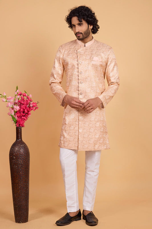 Peach Colour Art Silk Pintux Work Semi Indo Western Sherwani