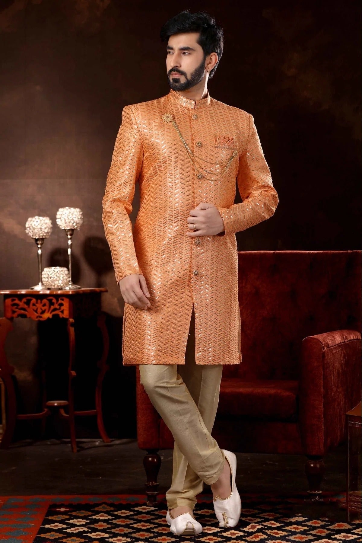 Peach Colour Art Silk Sherwani SH1040363