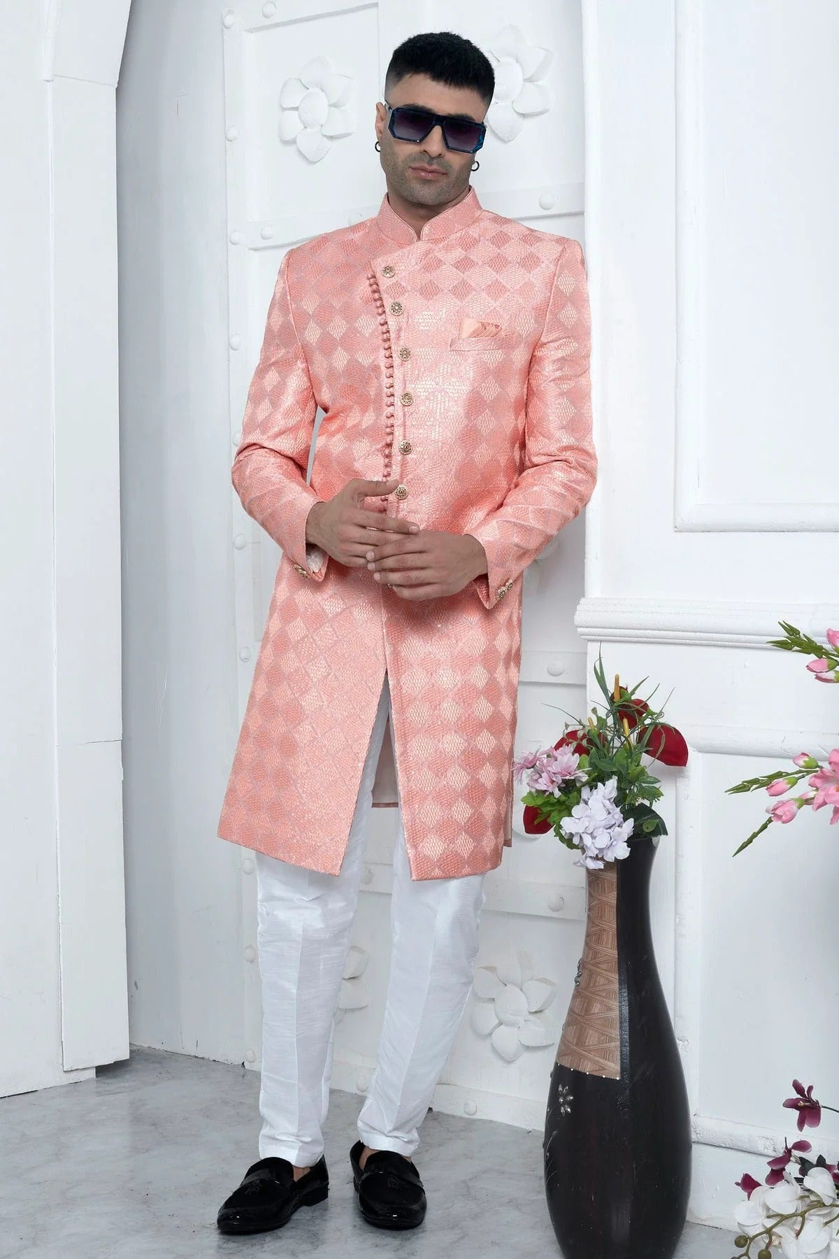 Peach Colour Art Silk Sherwani With Aligadhi Pant SH1230070 A
