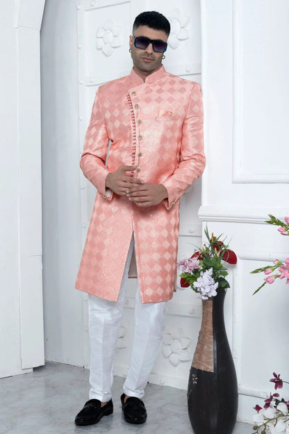Peach Colour Art Silk Sherwani With Aligadhi Pant SH1230070 A