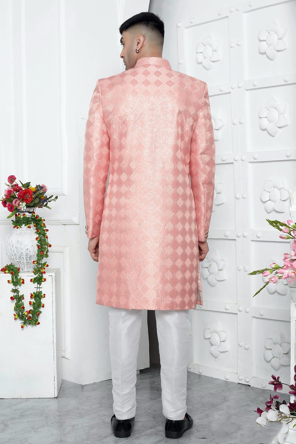 Peach Colour Art Silk Sherwani With Aligadhi Pant SH1230070 B
