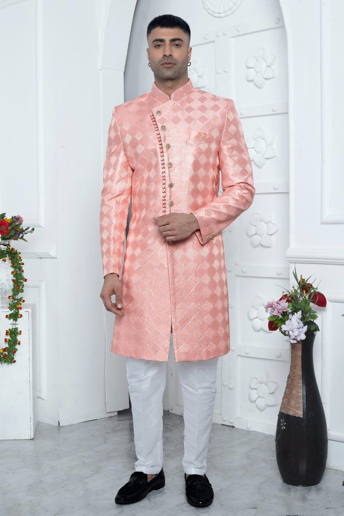 Peach Colour Art Silk Sherwani With Aligadhi Pant SH1230070