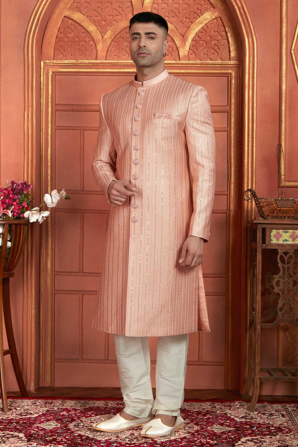 Peach Colour Art Silk Sherwani With Churidar Pant SH1230051 A