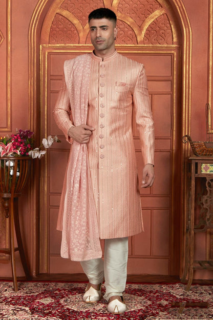 Peach Colour Art Silk Sherwani With Churidar Pant SH1230051