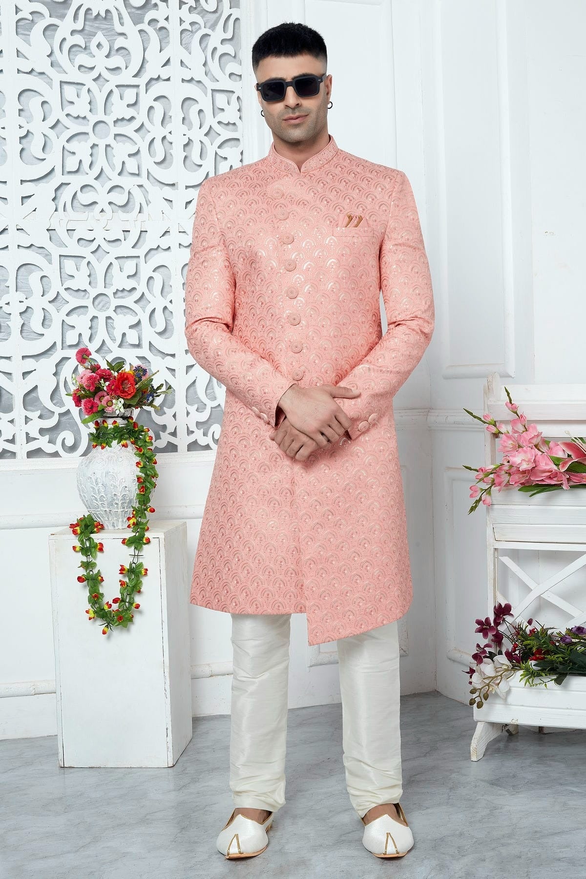 Peach Colour Art Silk Sherwani With Churidar Pant SH1230062 A