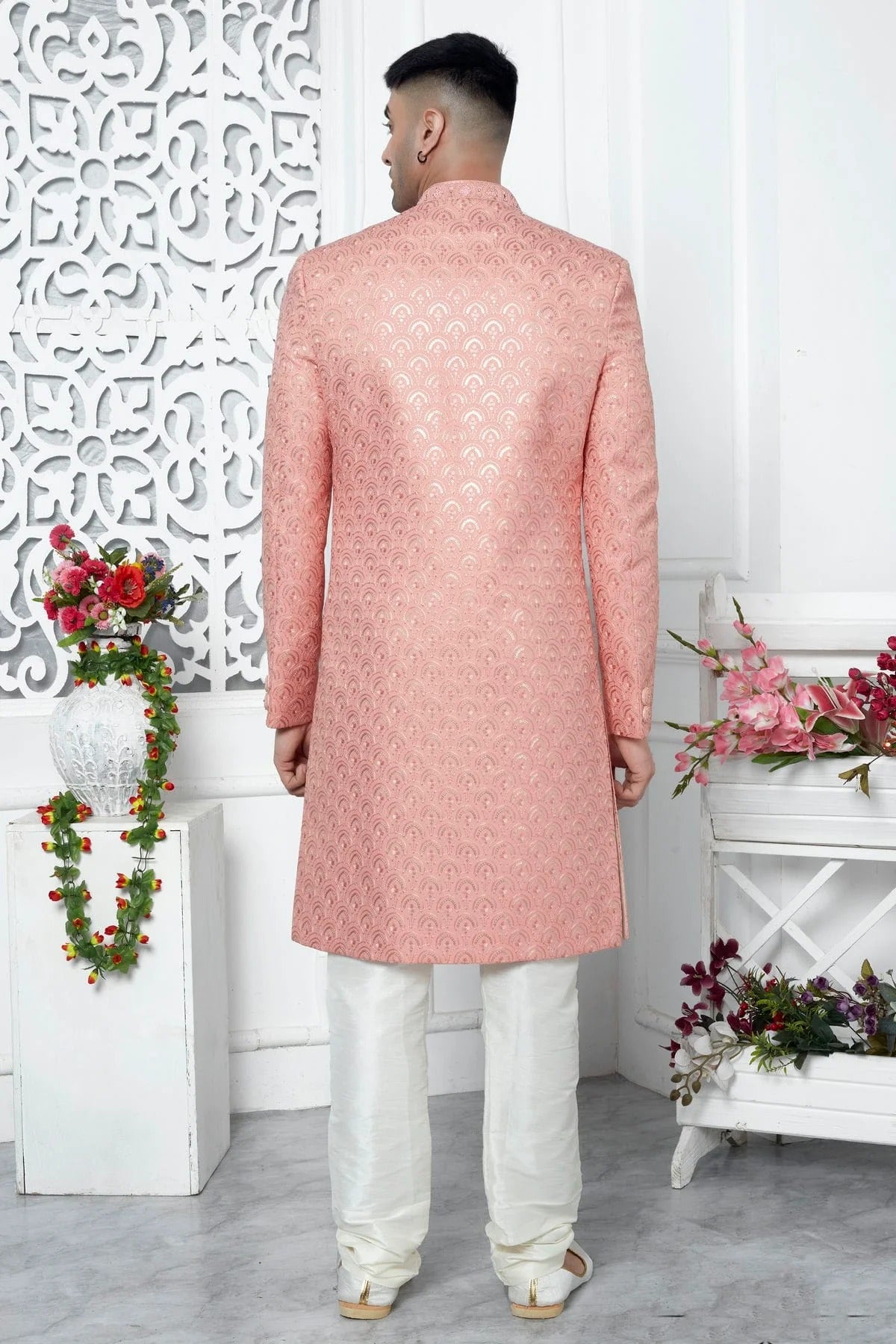 Peach Colour Art Silk Sherwani With Churidar Pant SH1230062 B