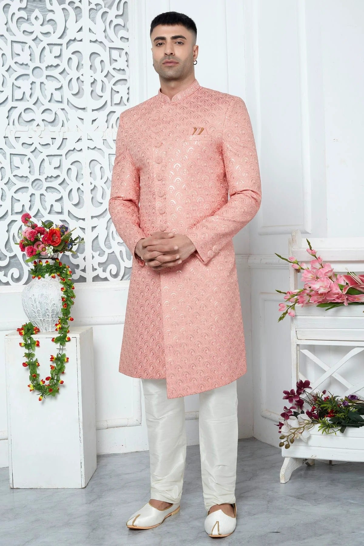 Peach Colour Art Silk Sherwani With Churidar Pant SH1230062