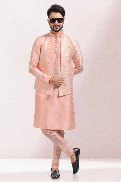 Peach Colour Art Silk Thread Work Kurta Pajama With Jacket