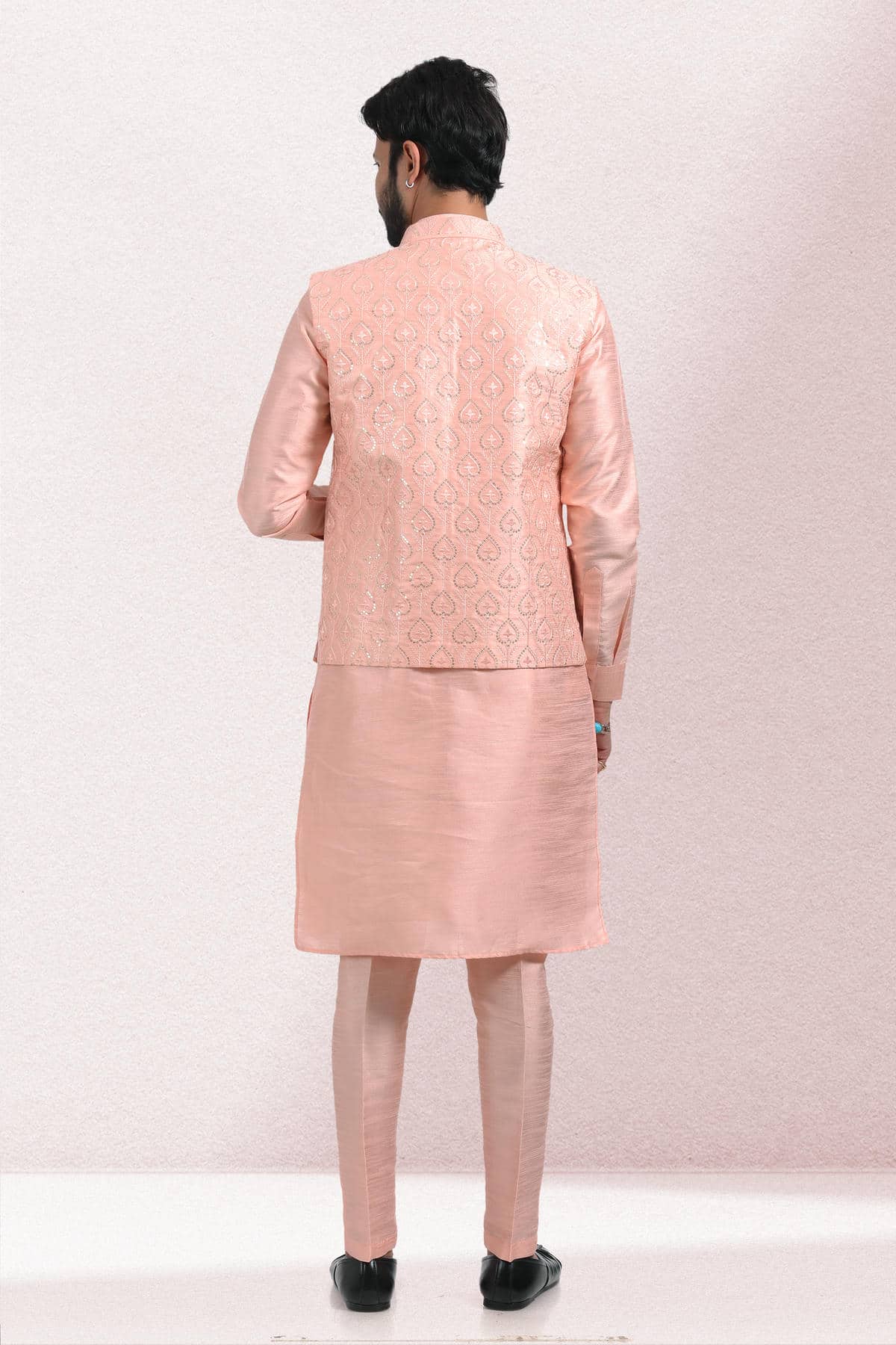 Peach Colour Art Silk Thread Work Kurta Pajama With Jacket
