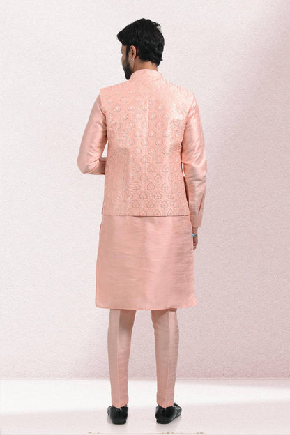 Peach Colour Art Silk Thread Work Kurta Pajama With Jacket