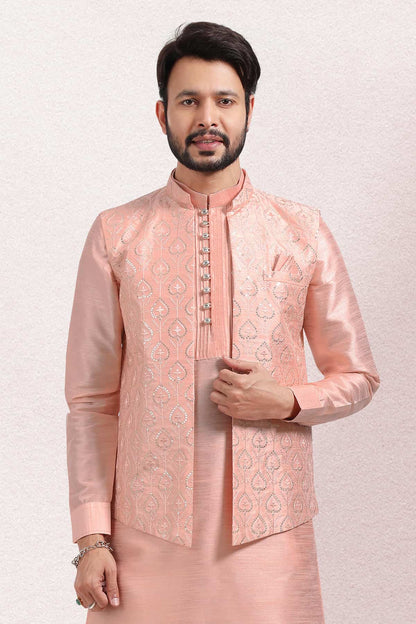 Peach Colour Art Silk Thread Work Kurta Pajama With Jacket