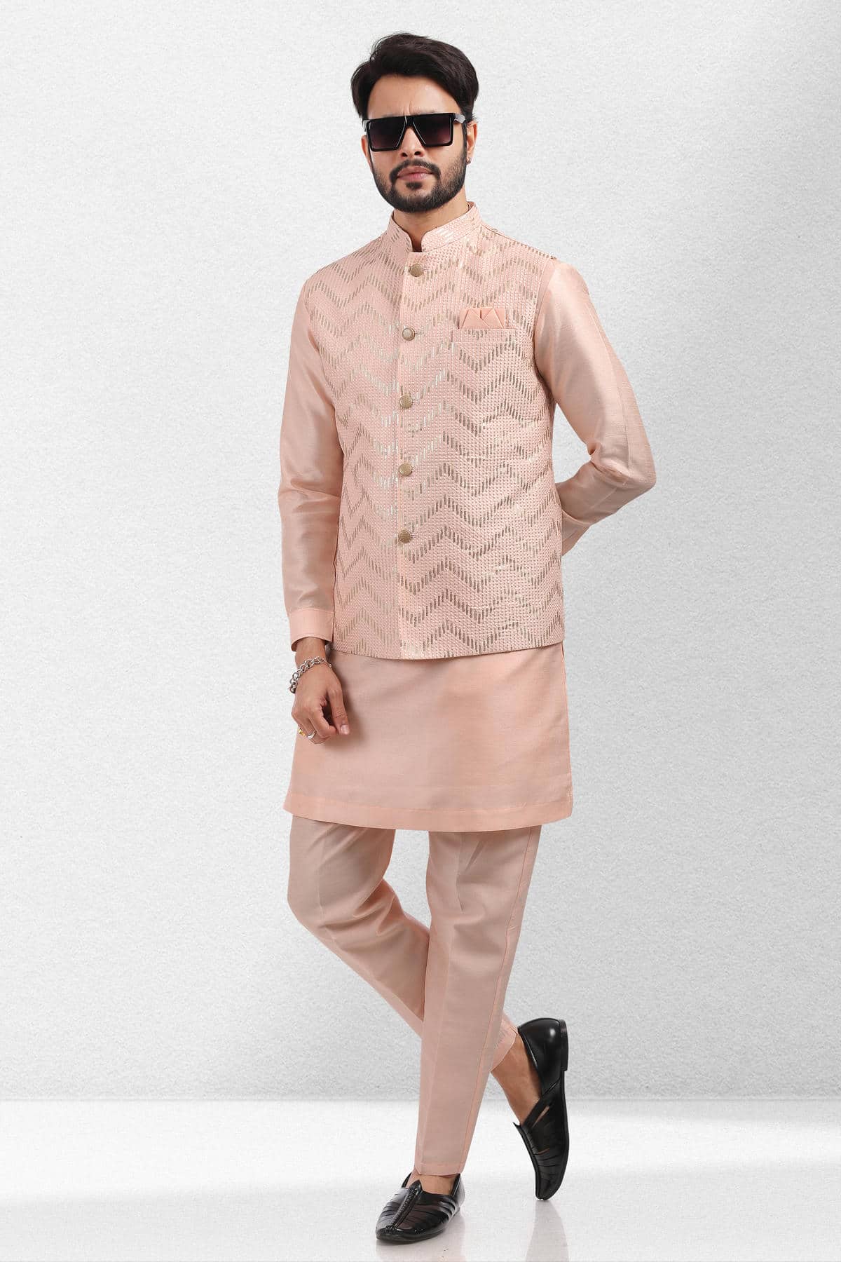 Peach Colour Art Silk Thread Work Kurta Pajama With Jacket