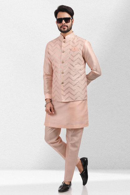 Peach Colour Art Silk Thread Work Kurta Pajama With Jacket