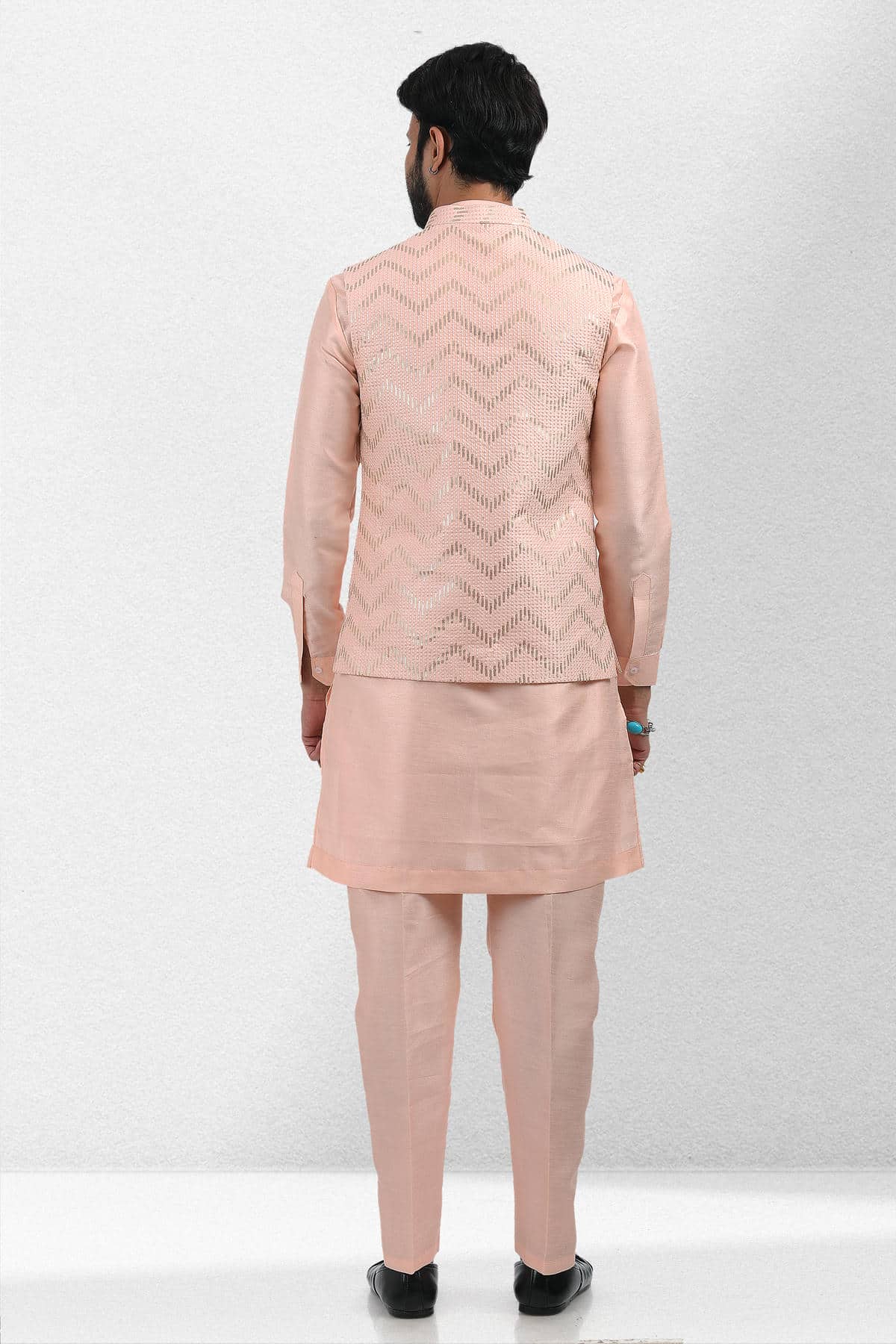 Peach Colour Art Silk Thread Work Kurta Pajama With Jacket