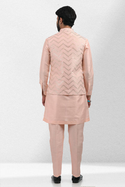 Peach Colour Art Silk Thread Work Kurta Pajama With Jacket