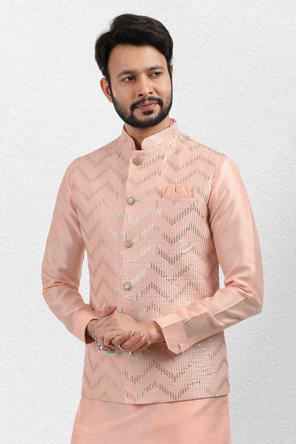 Peach Colour Art Silk Thread Work Kurta Pajama With Jacket