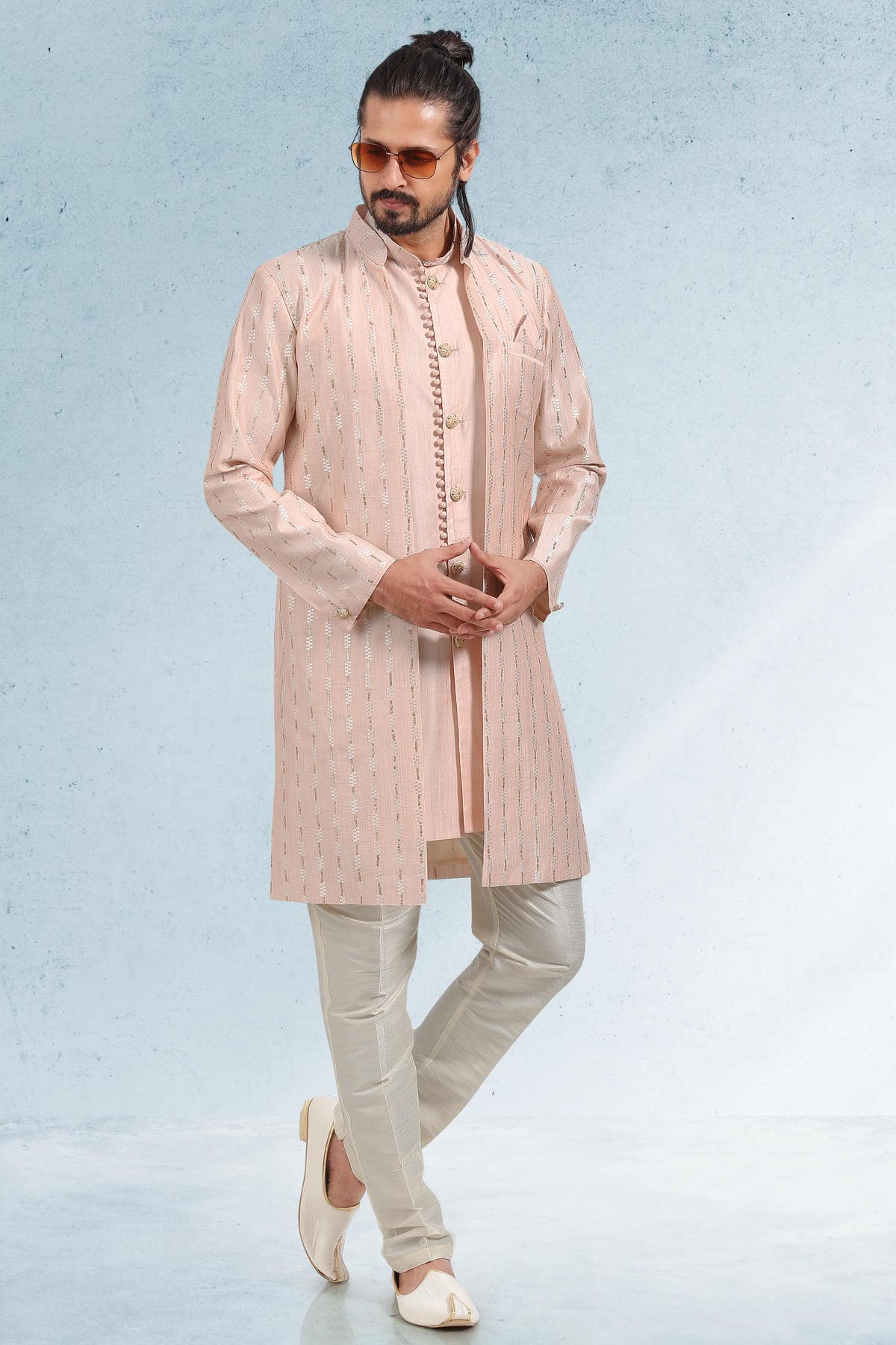 Peach Colour Art Silk Thread Work Kurta Pajama With Jacket