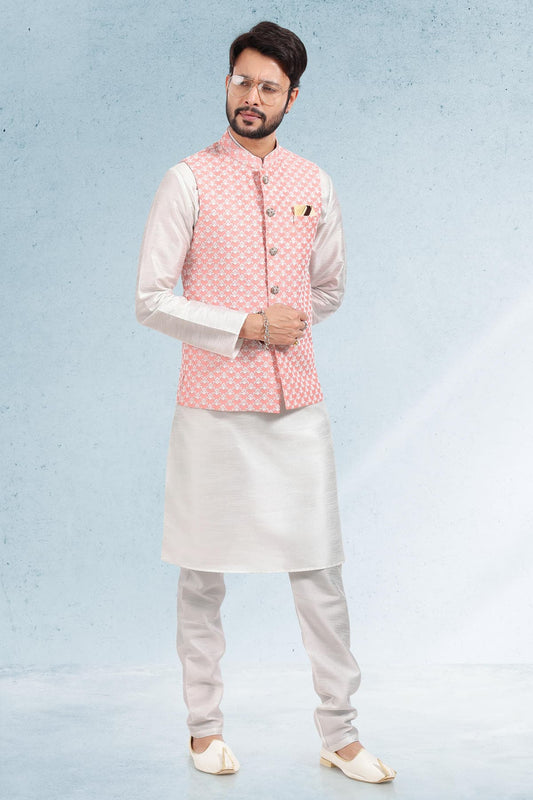 Peach Colour Art Silk Thread Work Kurta Pajama With Jacket