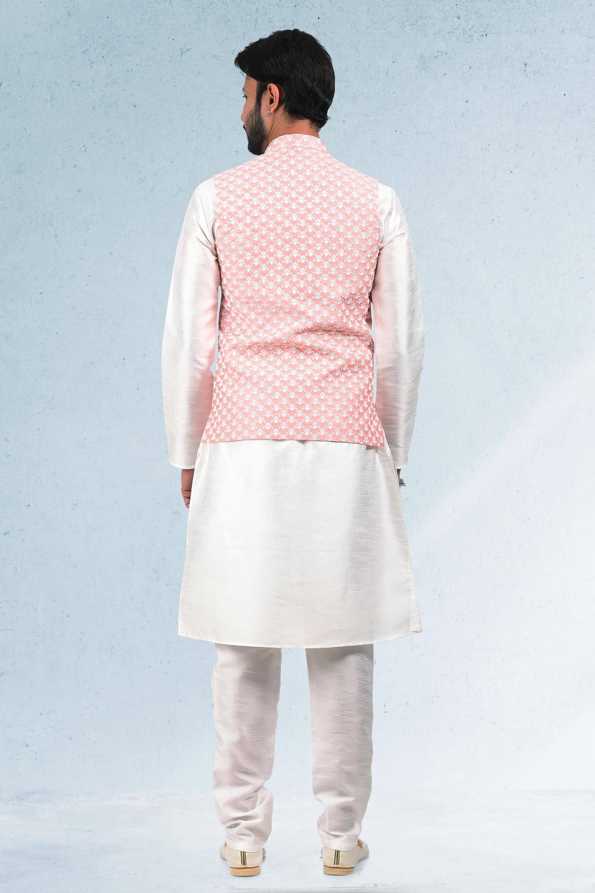 Peach Colour Art Silk Thread Work Kurta Pajama With Jacket