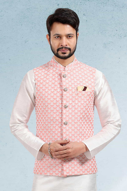 Peach Colour Art Silk Thread Work Kurta Pajama With Jacket